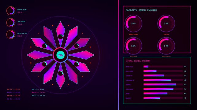 A digital representation of hydrogen electrolysis shown as a spinning neon wheel with shifting vital statistics and fluctuating bars displaying metrics for an advanced energy system