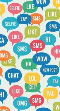 Colorful speech bubble background with social media terms.