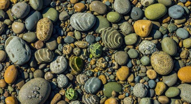 Colorful smooth pebbles on a natural riverbed surface.