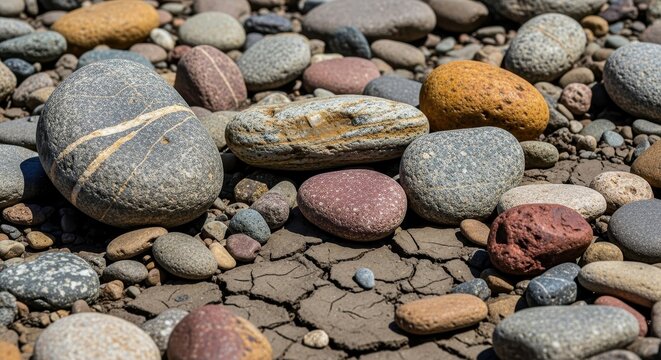 Colorful smooth river stones on a pebble beach.