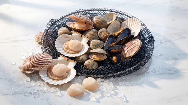 Freshly harvested scallops, clams, and mussels are presented on ice in a fishing net. This premium shellfish array highlights sustainable sourcing for gourmet culinary uses.