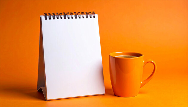 Blank vertical spiral desk calendar mockup and a matching orange coffee mug on a vibrant orange background. Office workspace, planning, and corporate branding concept banner.