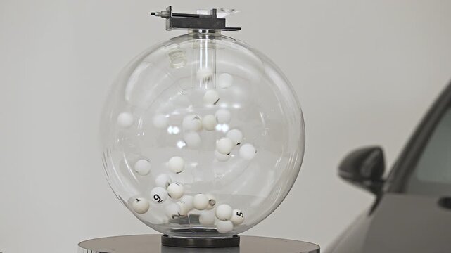 Cinematic slow motion of numbered ping pong balls bouncing and swirling inside transparent lottery raffle sphere