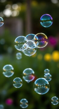 Colorful soap bubbles floating in garden sunlight.