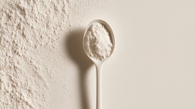 白い粉末がスプーンに盛られている状態。料理や製菓の材料イメージに適したシーン。