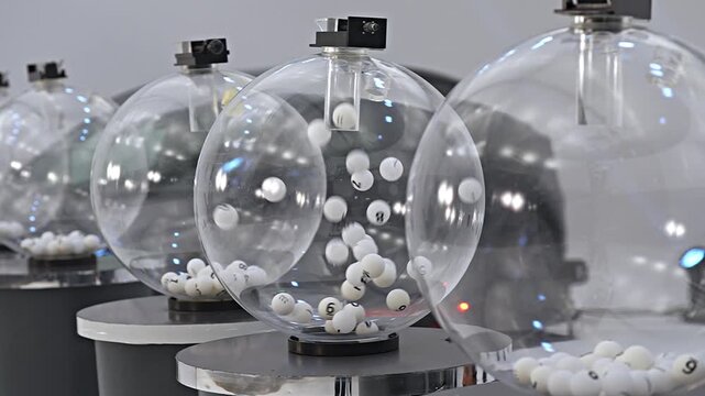 Slow motion wide angle shot of a row of transparent lottery spheres with numbered balls swirling simultaneously