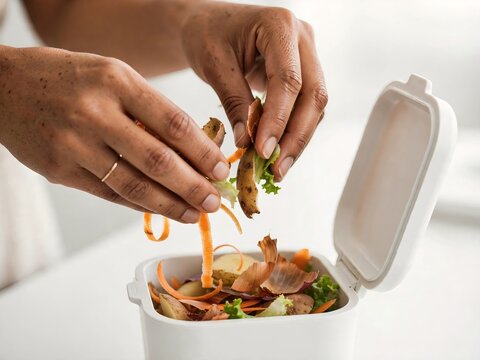Close up of an African American woman dropping vegetable peels and food scraps into a white kitchen compost bin for recycling organic waste