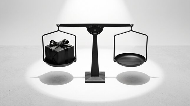 Black gift box on a scale with empty tray symbolizing imbalance or comparison