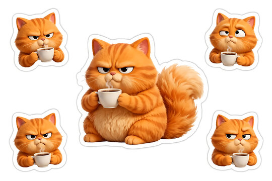 Cute grumpy orange cat drinking coffee cartoon sticker set illustration on white background