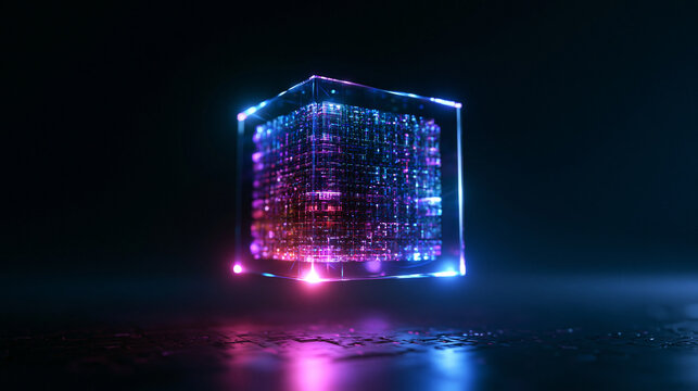 Futuristic Glowing Quantum Computing Cube with Digital Data