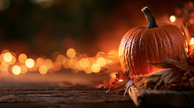 Autumn Pumpkin on Rustic Wood with Bokeh Lights