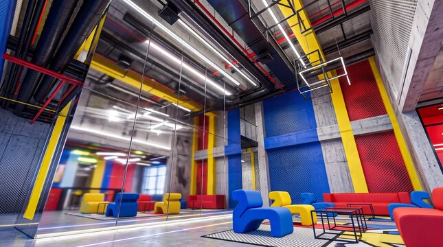 Modern Colorful Office Lounge with Creative Industrial Design