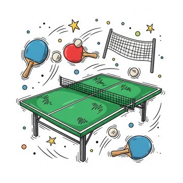 Colorful Table Tennis Illustration with Paddles and Net.