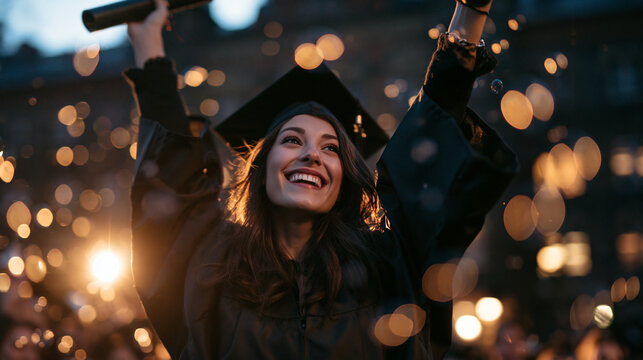 Joyful Female Graduate Celebrating with Diploma at Night