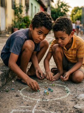 Children playing marbles in a chalk circle on the street