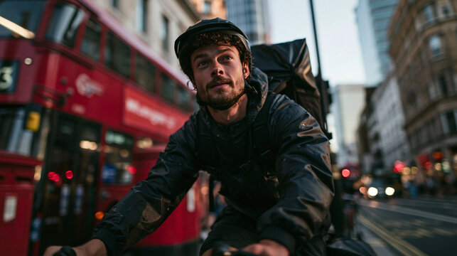 Bike Courier with Backpack Cycling on City Street