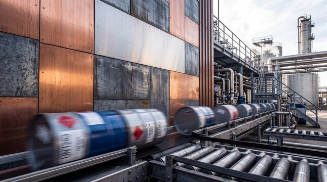 Industrial Conveyor Moving Barrels in Chemical Plant