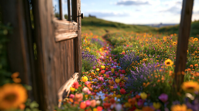 Open Wooden Door to Blooming Wildflower Meadow Field