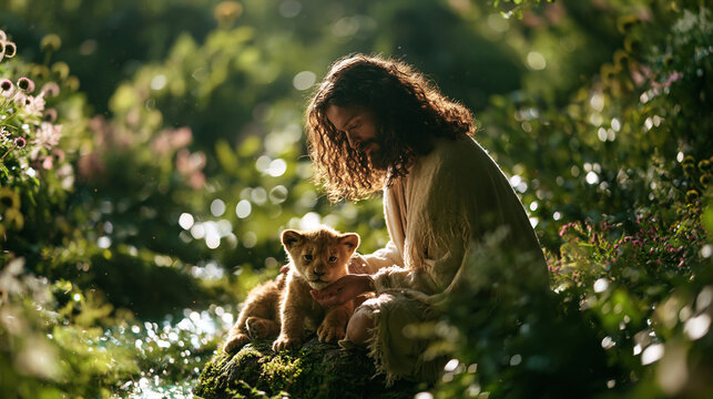 Jesus Christ Caressing Lion Cub in Peaceful Forest