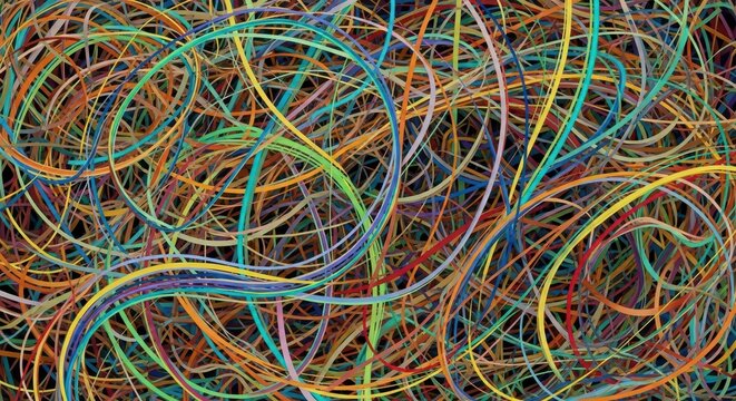 Colorful tangled rubber bands abstract background texture.