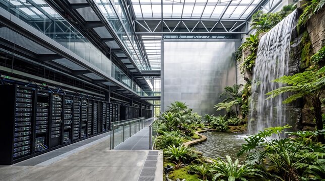 Sustainable Green Data Center with Indoor Waterfall and Garden