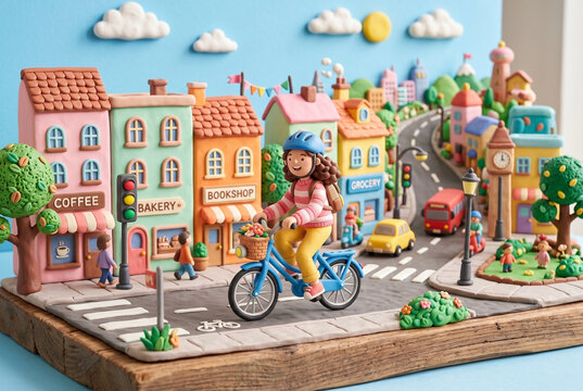 Clay Model of Woman Riding Bicycle Through Colorful City