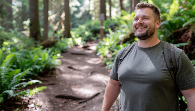Endomorph man hiking on a forest trail enjoying nature and outdoor activity