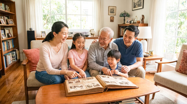 Generations Sharing Memories: A heartwarming scene of a multi-generational Asian family gathered in a cozy living room, reminiscing over an old photo album.