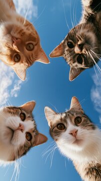 青空を背景に見上げる4匹の猫の顔が写っている。ペットや動物関連のコンテンツに使える猫の集合写真。