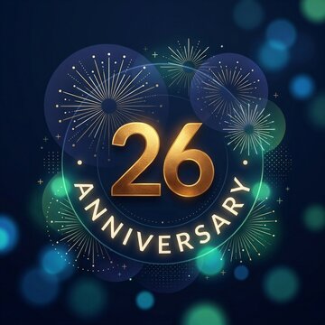 Luxury Golden 26th Anniversary Celebration Background with Sparkling Fireworks and Elegant Blue Bokeh Lights