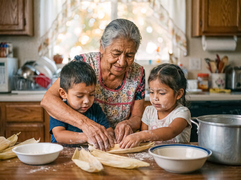Generational Kitchen Bond: A grandmother and two grandchildren engage in the art of tamale making, sharing a moment of culinary heritage and family connection in a warm, inviting kitchen.
