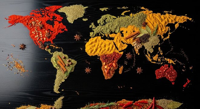Colorful Textured World Map on Dark Background.