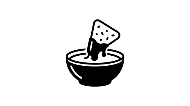 Black and white icon of a tortilla chip dipping into a bowl of salsa.