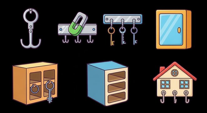 Colorful Vector Illustration of Keys Locks and Storage Units.