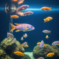 Fototapeta premium Colorful tropical fish swimming in a vibrant aquarium.