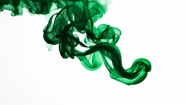 Green Ink Smoke Swirling Abstract Art on White Background