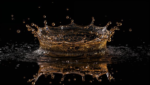 Golden Liquid Splash in Dark Background with Reflection