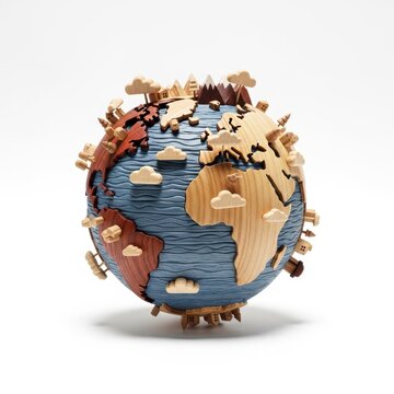 Colorful wooden world map globe with continents and icons.