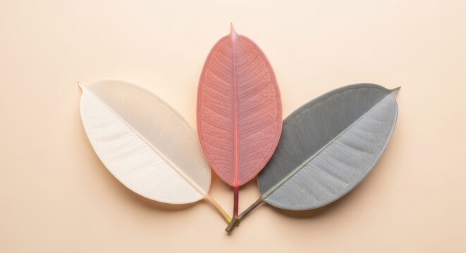 Three rubber plant leaves in pastel pink, creamy white, and silver-gray. Detailed veins and matte texture against a beige background, soft, design, smooth