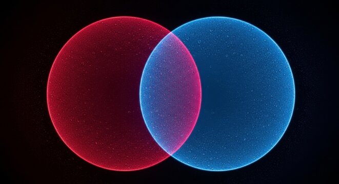 Two massive overlapping circles in deep crimson and sapphire dominate the center with fine misty droplets coating the inner surface areas, sphere, circles, crimson