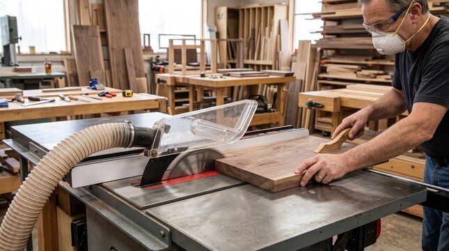 A male carpenter wearing a face mask and protective glasses cuts a wooden board using a professional table saw in a wood workshop