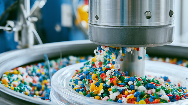 Close-up of an automated centrifuge machine separating colorful plastic granules in a modern recycling facility, visible polymer particles and industrial processing equipment, plas