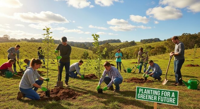 Community Volunteers Planting Trees in Rural Landscape.