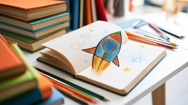 Open notebook with a colorful hand-drawn rocket surrounded by school books, pencils and stationery on a bright classroom desk, creative learning concept, rocket drawing, notebook,