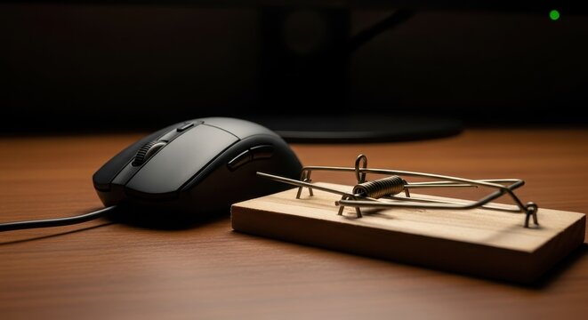 Computer mouse trapped in wooden mousetrap on desk.