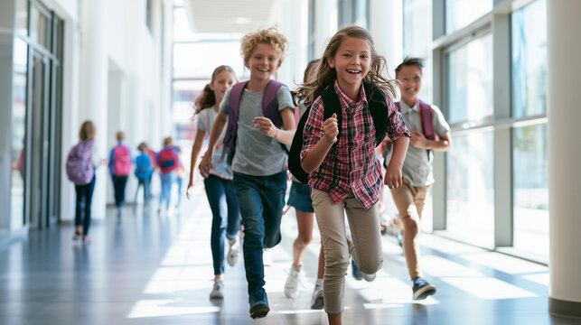Joyful schoolchildren running through a bright modern hallway, spontaneous movement, cheerful expressions, colorful backpacks, other pupils in the distance, large windows, airy int