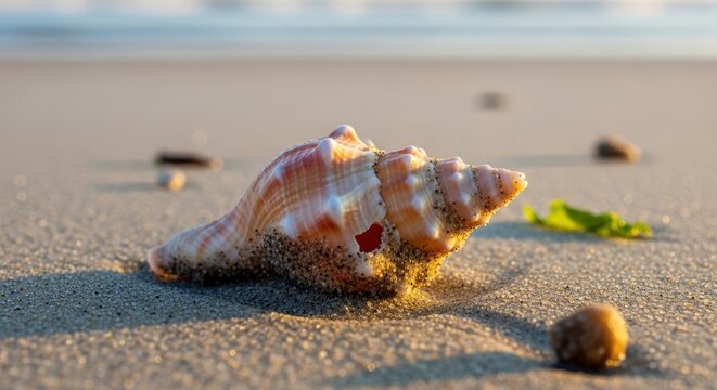 Conch shell resting on sandy beach at sunrise.