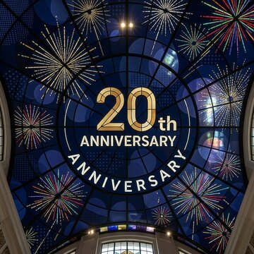 Elegant 20th anniversary celebration sign with golden numbers and vibrant fireworks displayed on a majestic glass dome ceiling