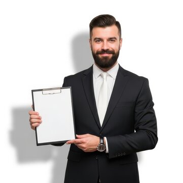 Confident businessman holding clipboard in office attire.