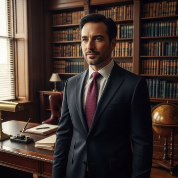 Confident businessman in a classic library office setting.
